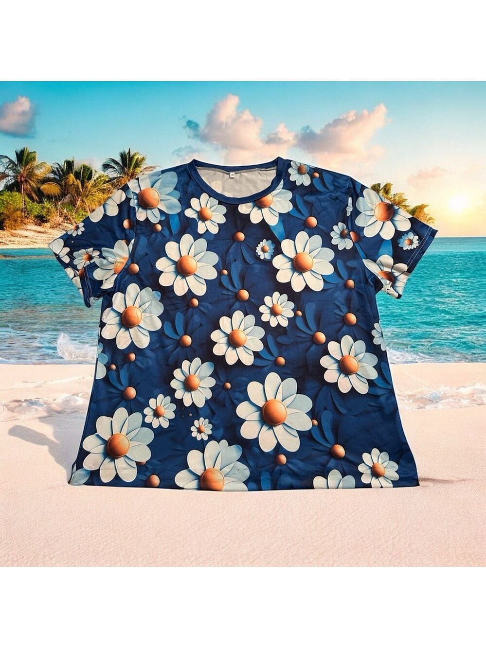 Sunflower Vibrant Floral Summer Blouse Womens 3X Multicolor Blue White Cottage